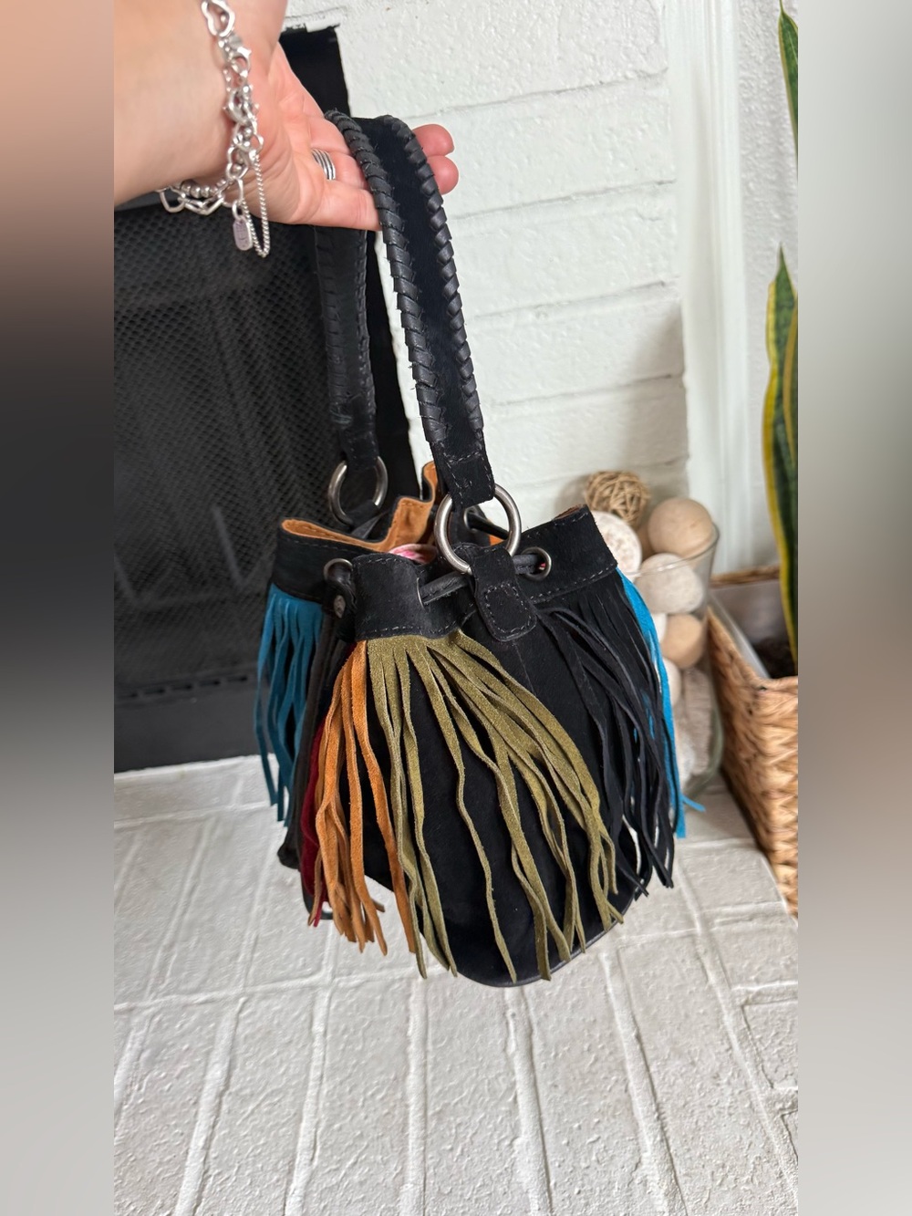 Patricia Nash Elisa Black Suede Multicolor Fringe Bucket Bag Boho Western - Picture 4 of 12